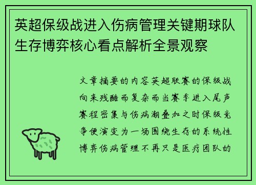 英超保级战进入伤病管理关键期球队生存博弈核心看点解析全景观察